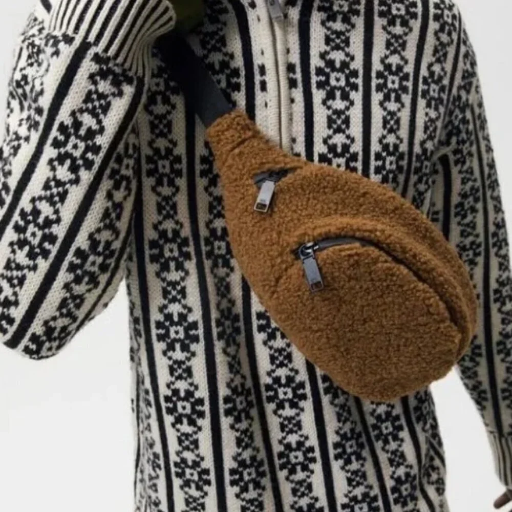 Zara Man Camel Brown Faux Shearling Belt Bag SIZE M 3507/921/117